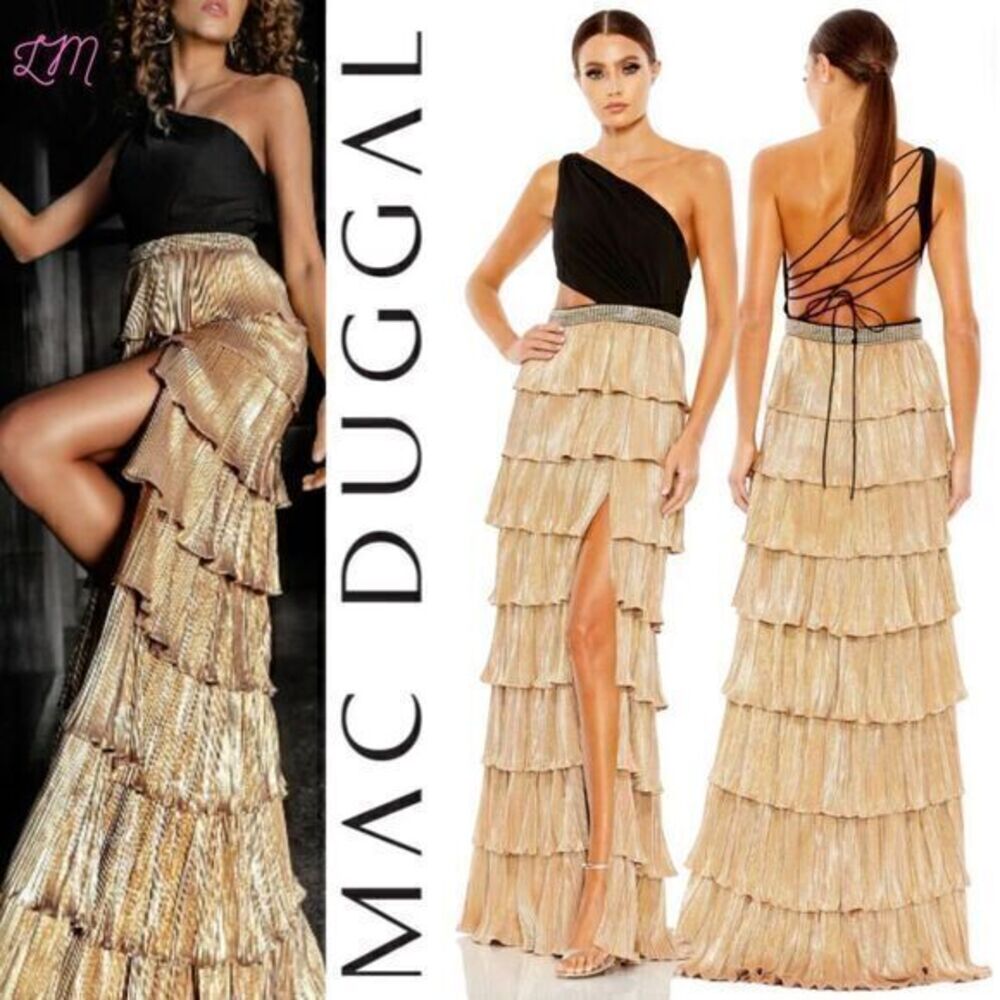 Mac Duggal 26742 Metallic One Shoulder Ruffle Tiered Gown Size 4‎ Gold Black